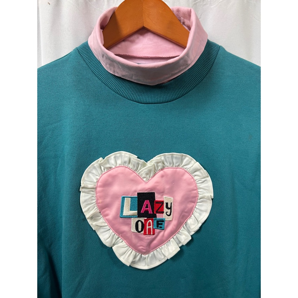 Rare Lazy Oaf Teal Embroidered Patch Pink Heart Sweatshirt Dress Women One Size